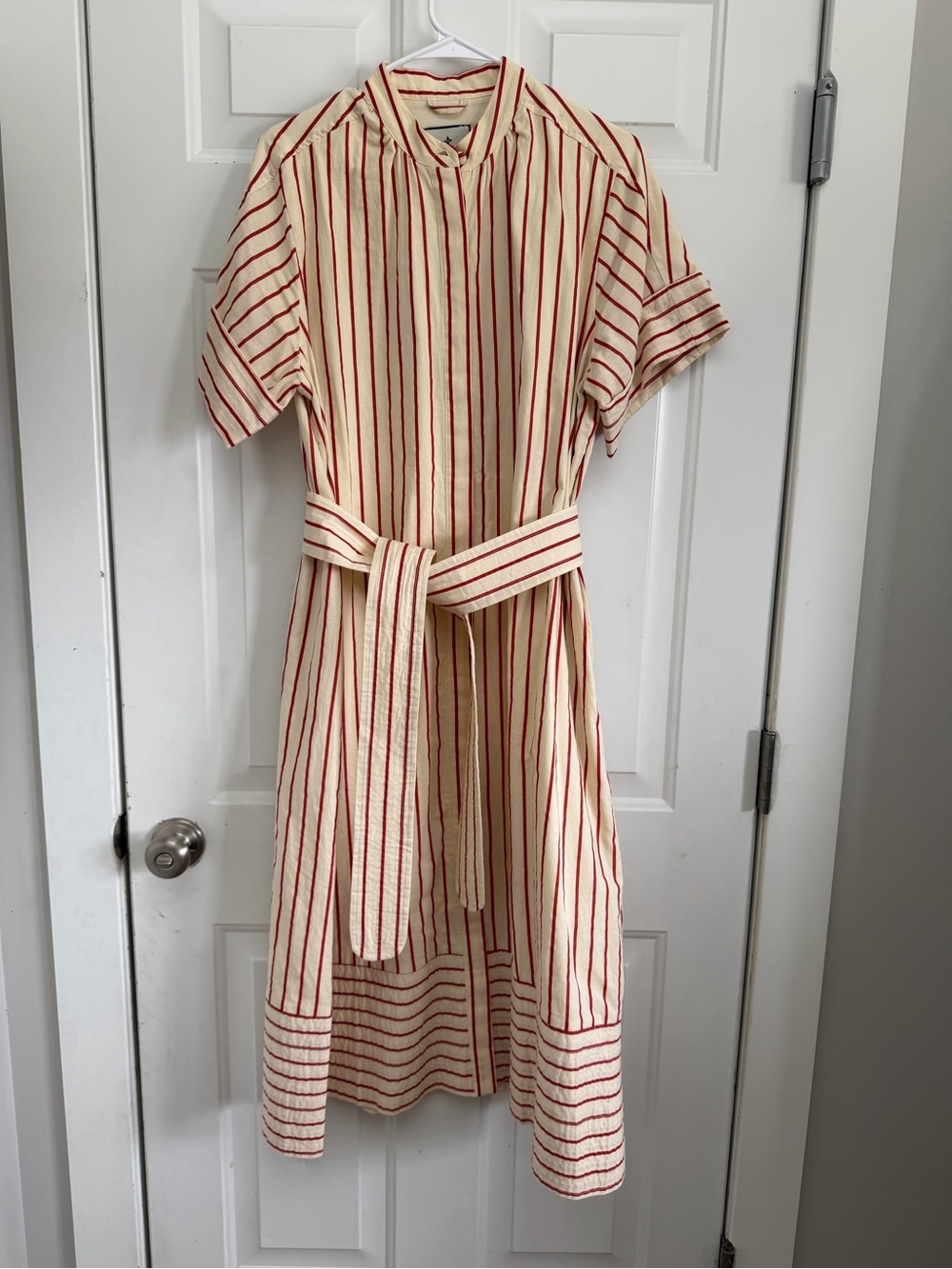 Tuckernuck Cream and Red Striped Belted Midi Shirt Dress - Picture 2 of 8